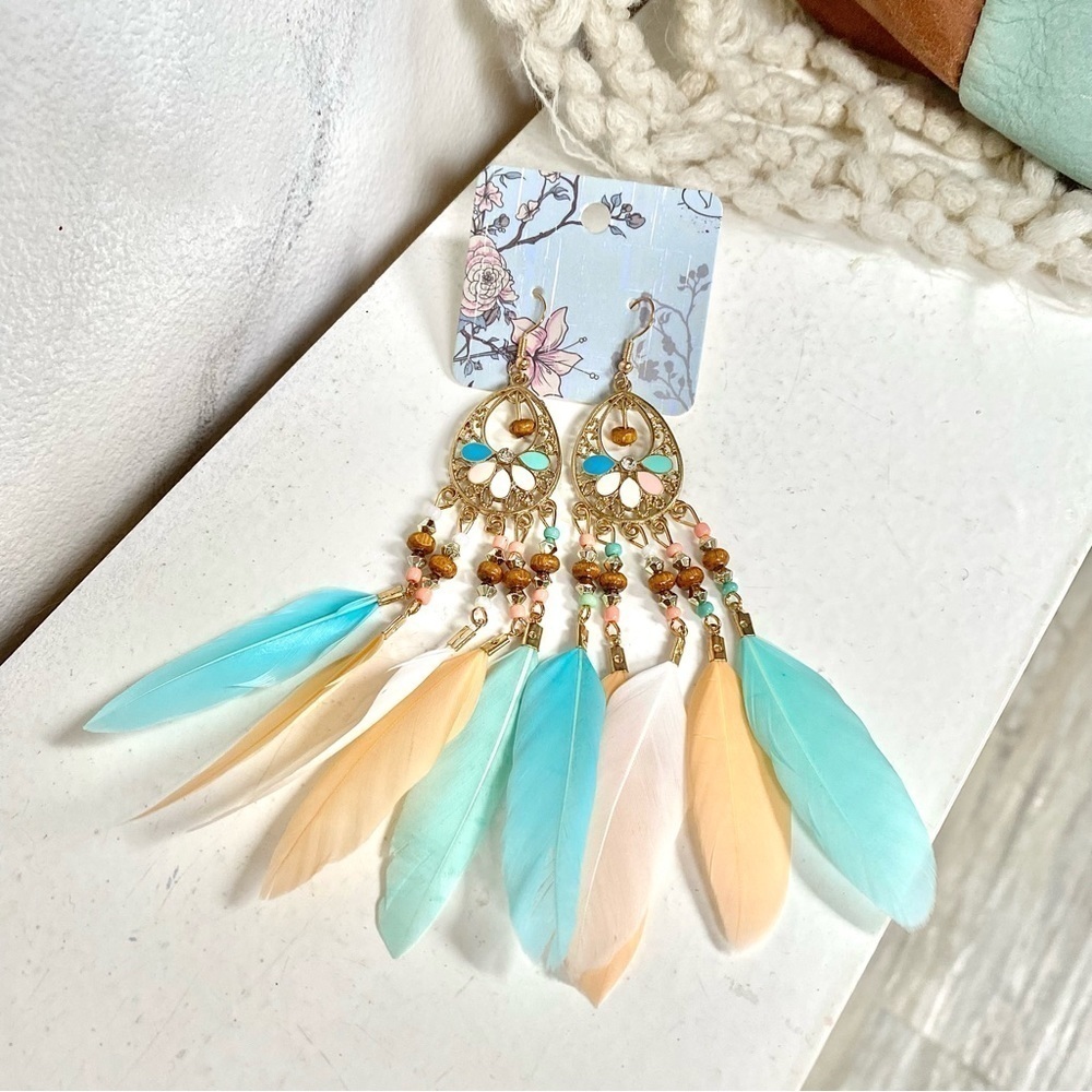 DREAMY PASTEL feather Boho statement earrings w Gypsy southwestern Navajo vibe